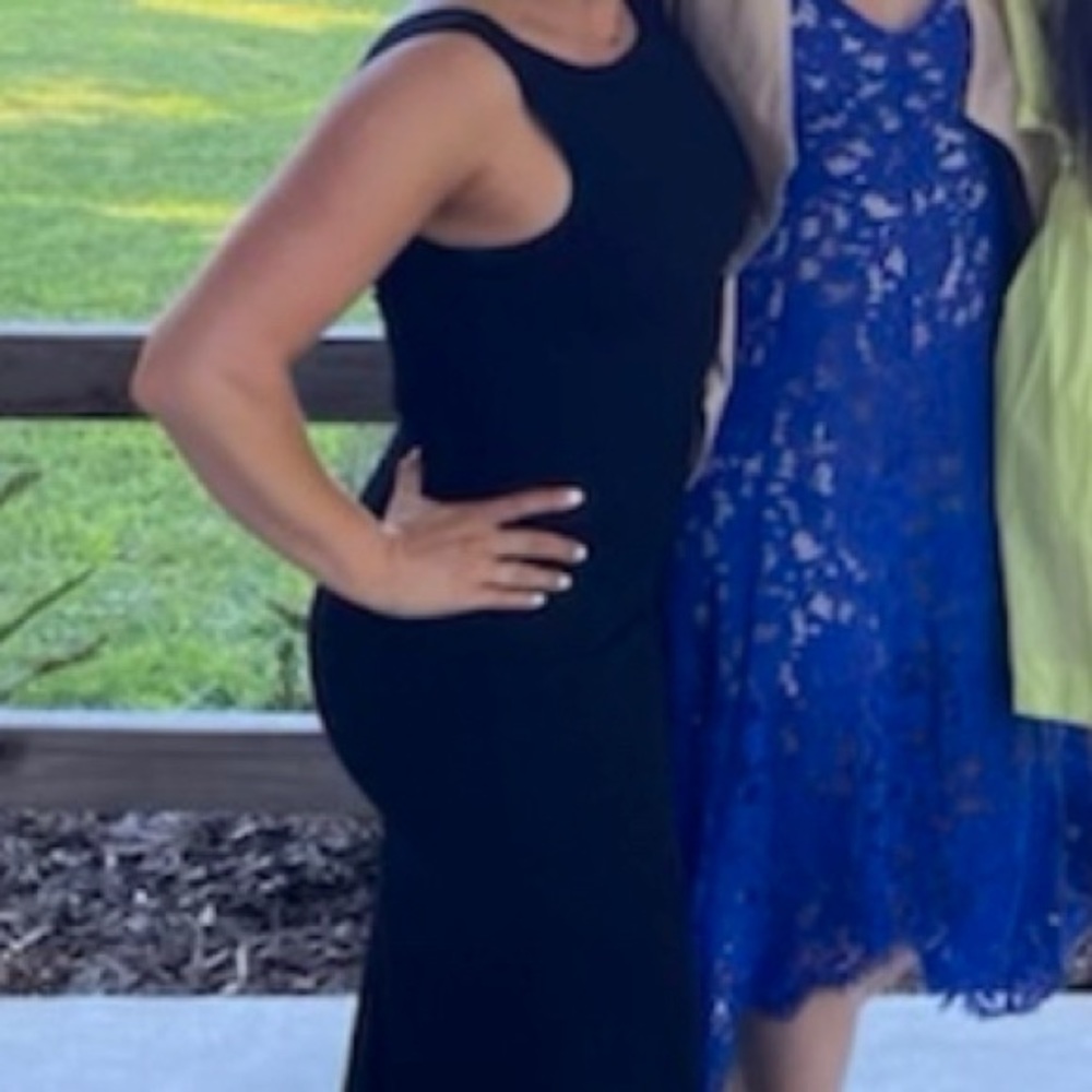 Black bridesmaid dress with high neck and low back